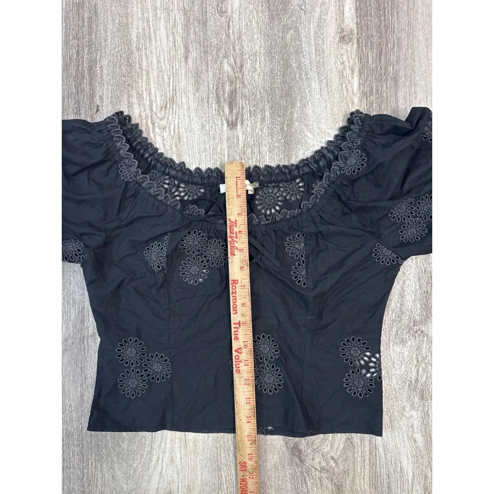 LoveShackFancy Anala Top Black Cotton Eyelet‎ Puff Sleeve Cropped Size 4 Womens